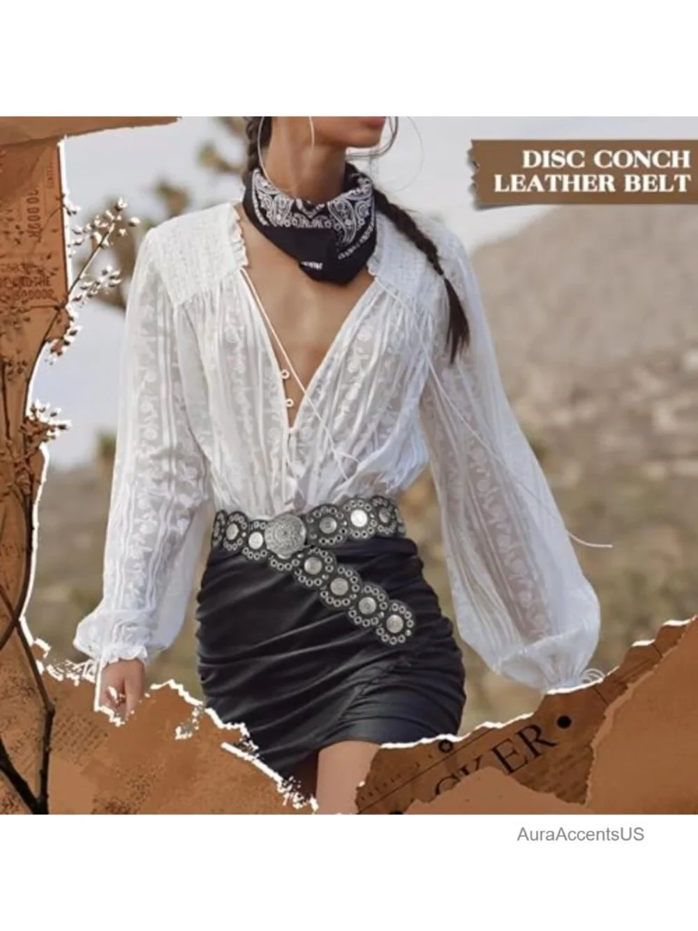 Vintage Western PU Leather Disc Waist Belt with Concho for Dress Jeans